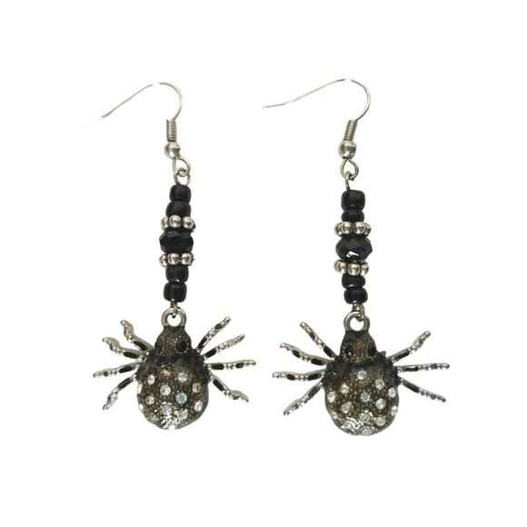 Vintage Black Beads Rhinestones Spyder Dangle Drop Earrings Silver Tone Hook - Picture 1 of 2